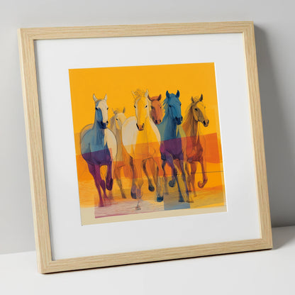 The Vibrant Herd horse landscape art print in natural frame