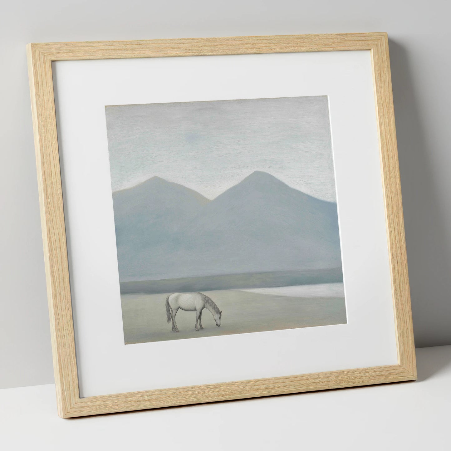 Solitary Mountain Grazing horse landscape art print in natural frame