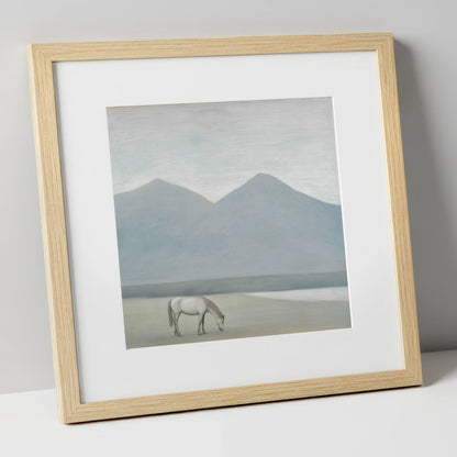 Solitary Mountain Grazing horse landscape art print in natural frame