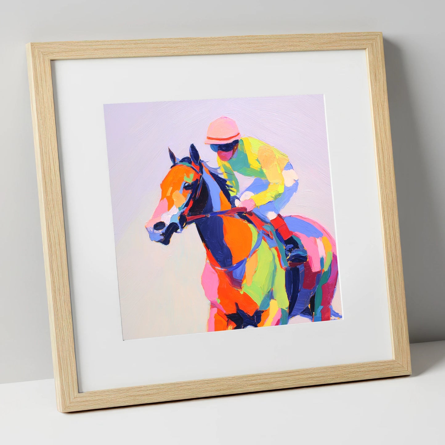 Technicolour Gallop racing horse art print in natural frame