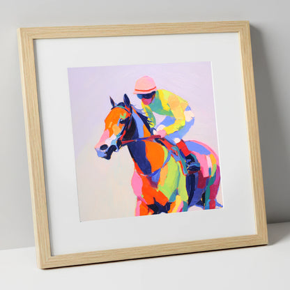 Technicolour Gallop racing horse art print in natural frame