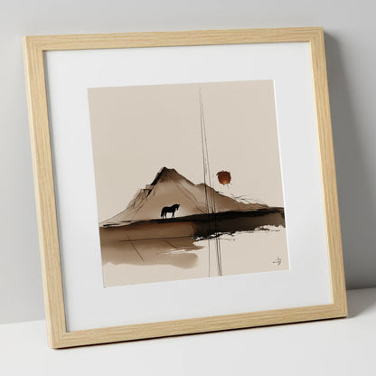 Quiet Mountain Silhouette horse landscape art print in natural frame