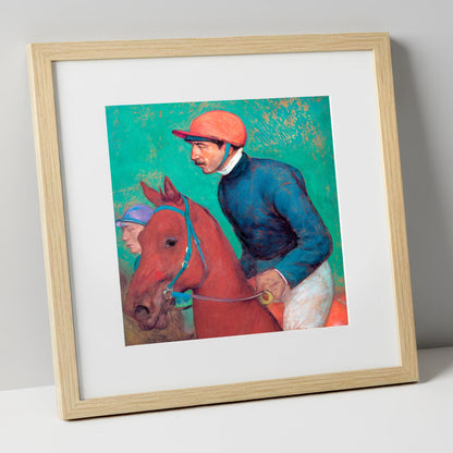 Turf Anticipation racing horse art print in natural frame