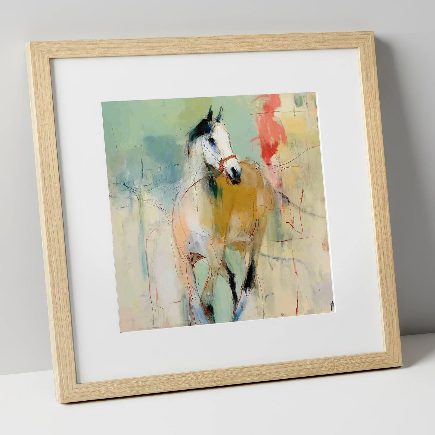 Abstract Paddock Spirit racing horse art print in natural frame