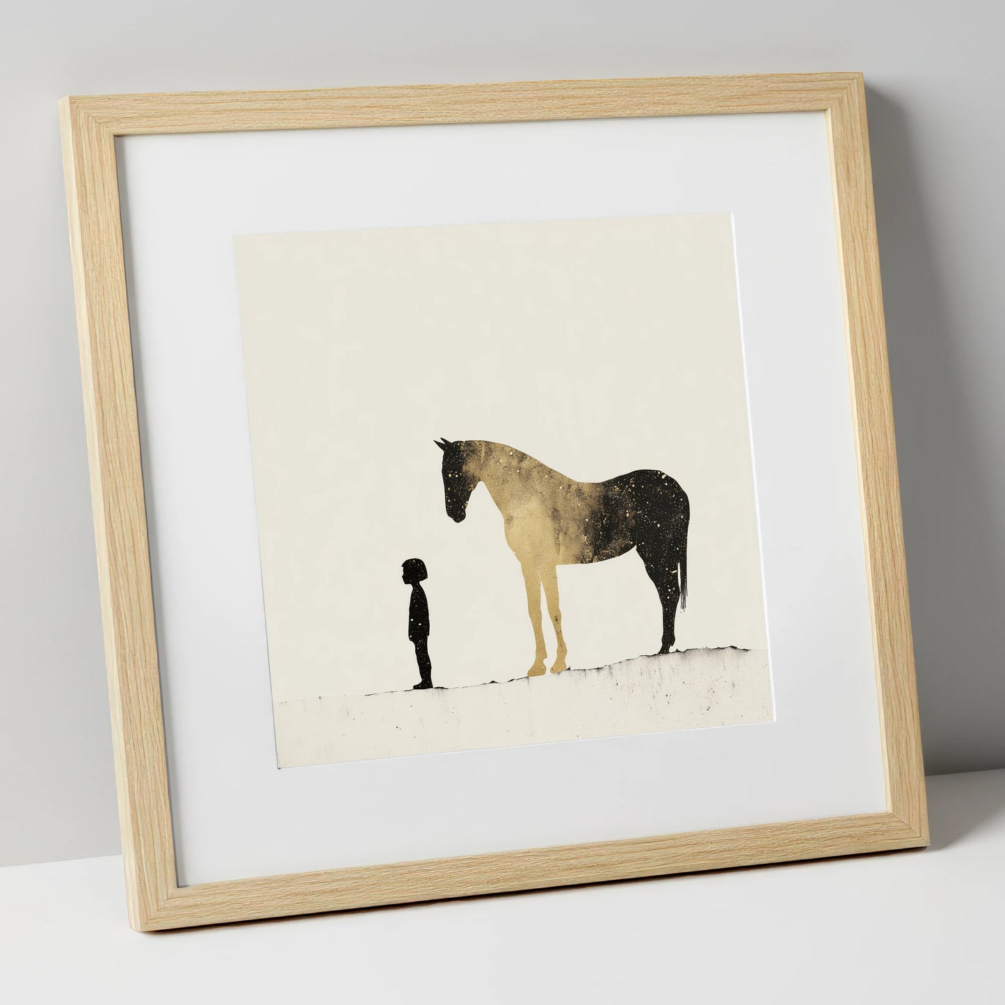 Celestial Bond horse & rider art print in natural frame