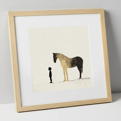 Celestial Bond horse & rider art print in natural frame