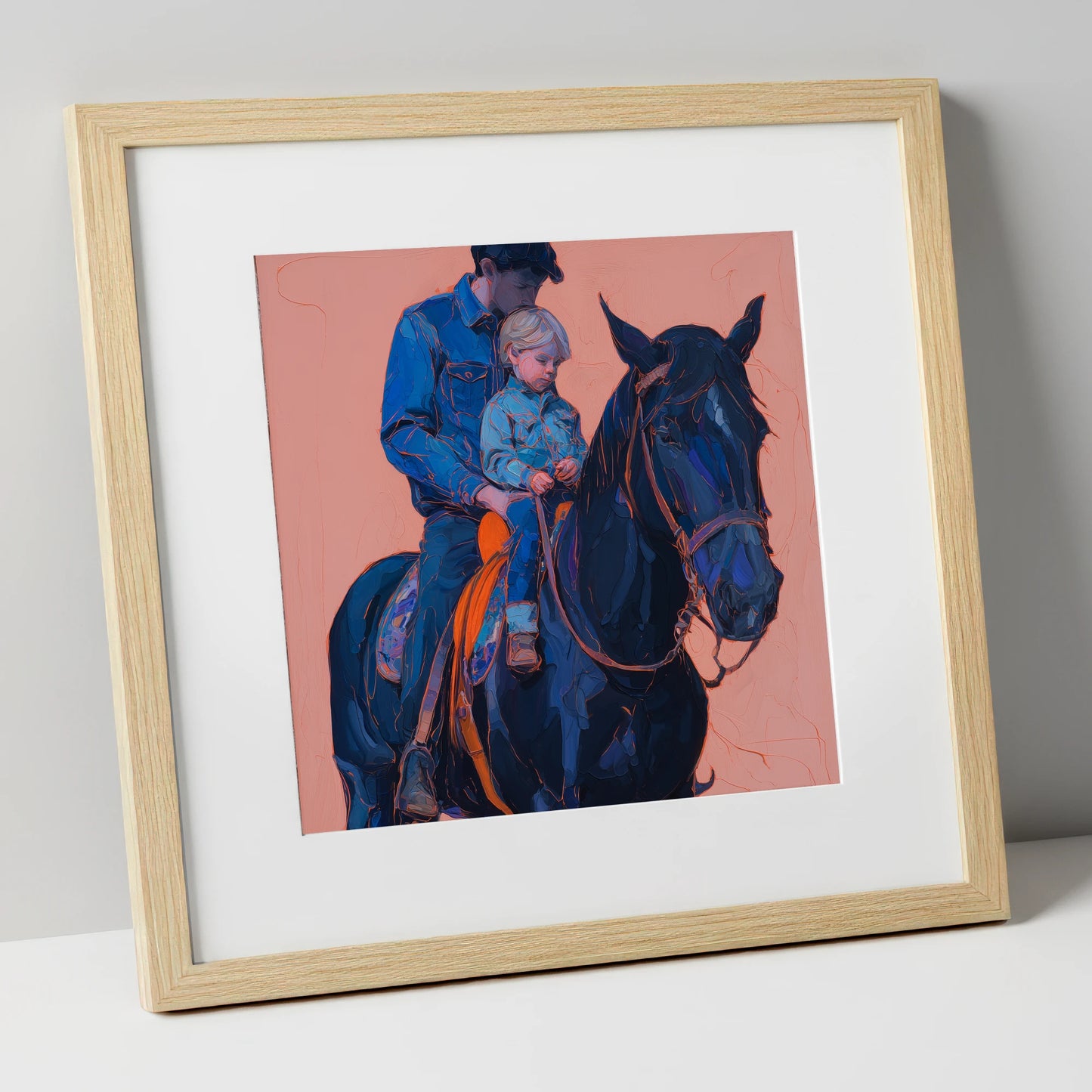 Safe in the Saddle horse & rider art print in natural frame