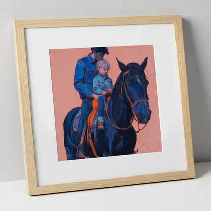 Safe in the Saddle horse & rider art print in natural frame