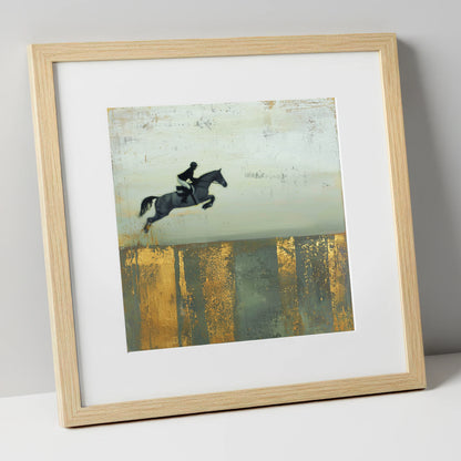 Flight Over Gold show jumping horse art print in natural frame