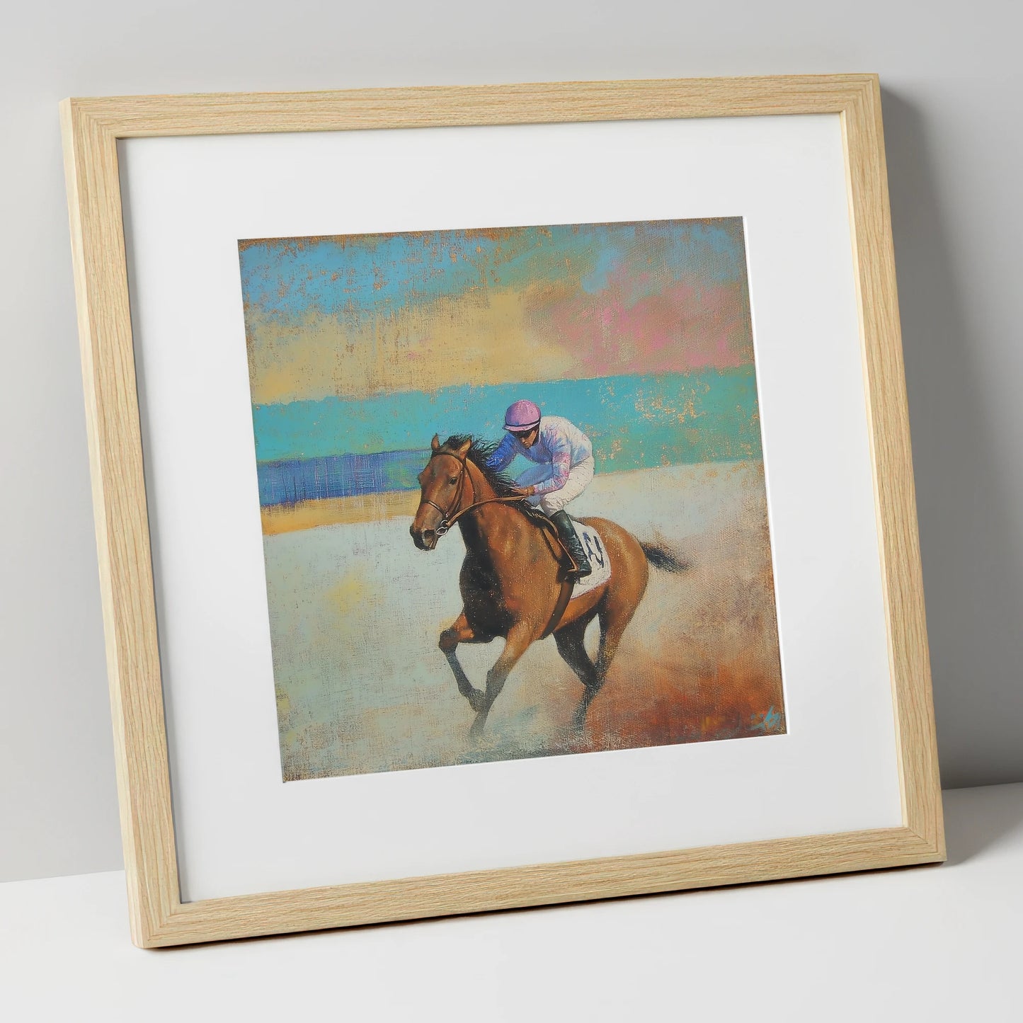 Thundering Towards Home racing horse art print in natural frame