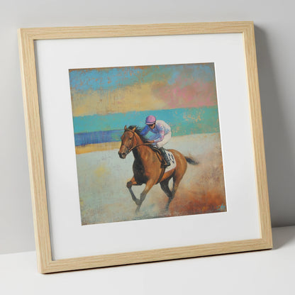 Thundering Towards Home racing horse art print in natural frame