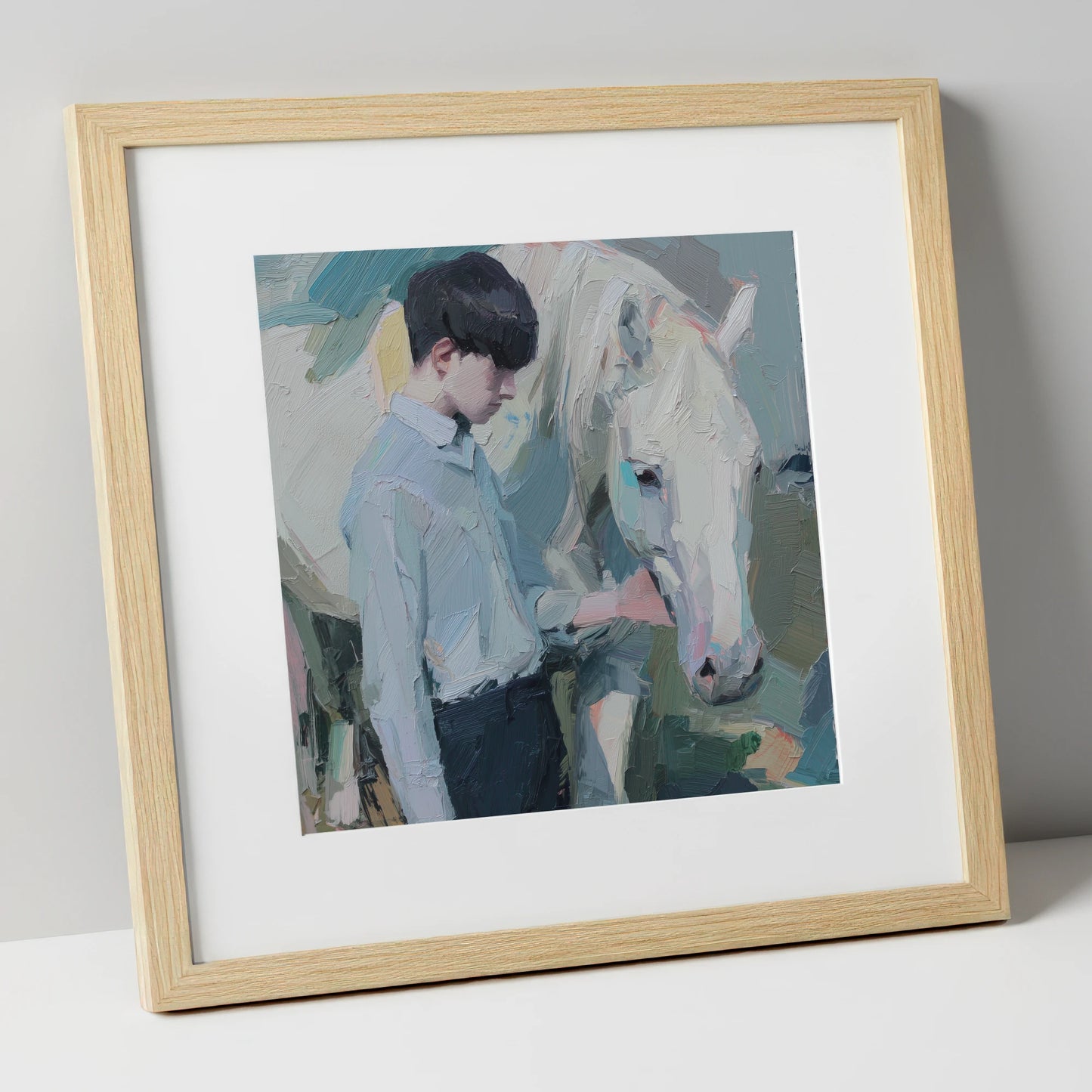 The Quiet Bond horse & rider art print in natural frame