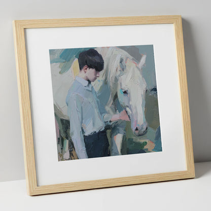 The Quiet Bond horse & rider art print in natural frame