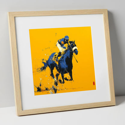 Cobalt Gallop racing horse art print in natural frame