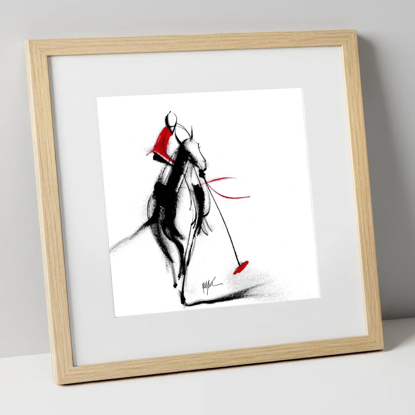 The Crimson Chukka polo horse art print in natural frame