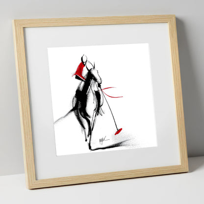 The Crimson Chukka polo horse art print in natural frame