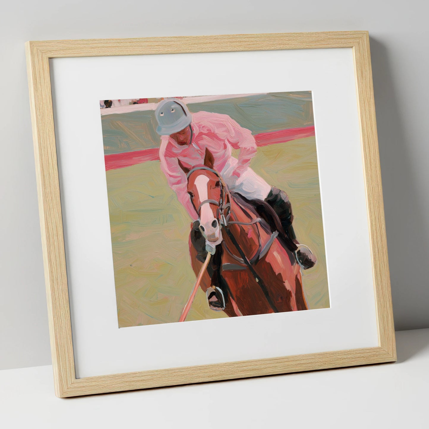 Dusty Pink Pursuit polo horse art print in natural frame
