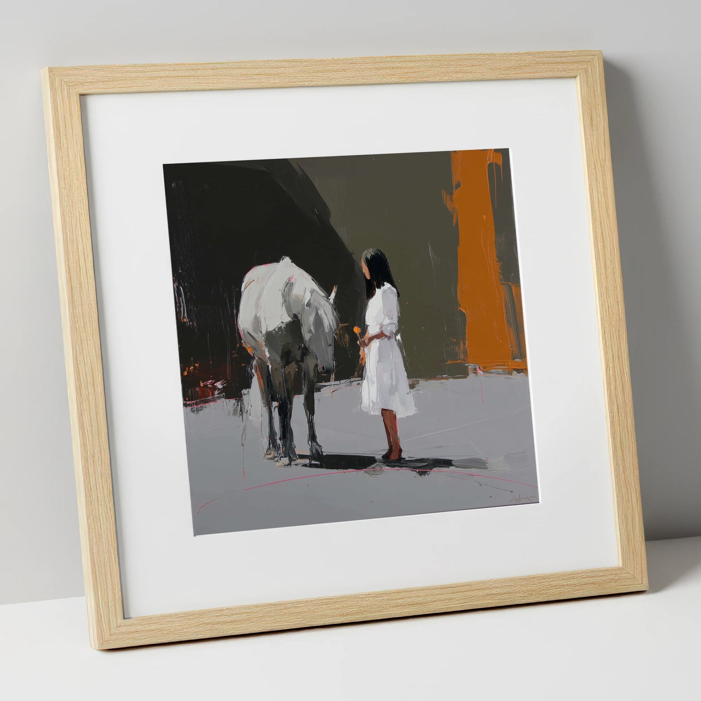 Silent Dialogue horse & rider art print in natural frame