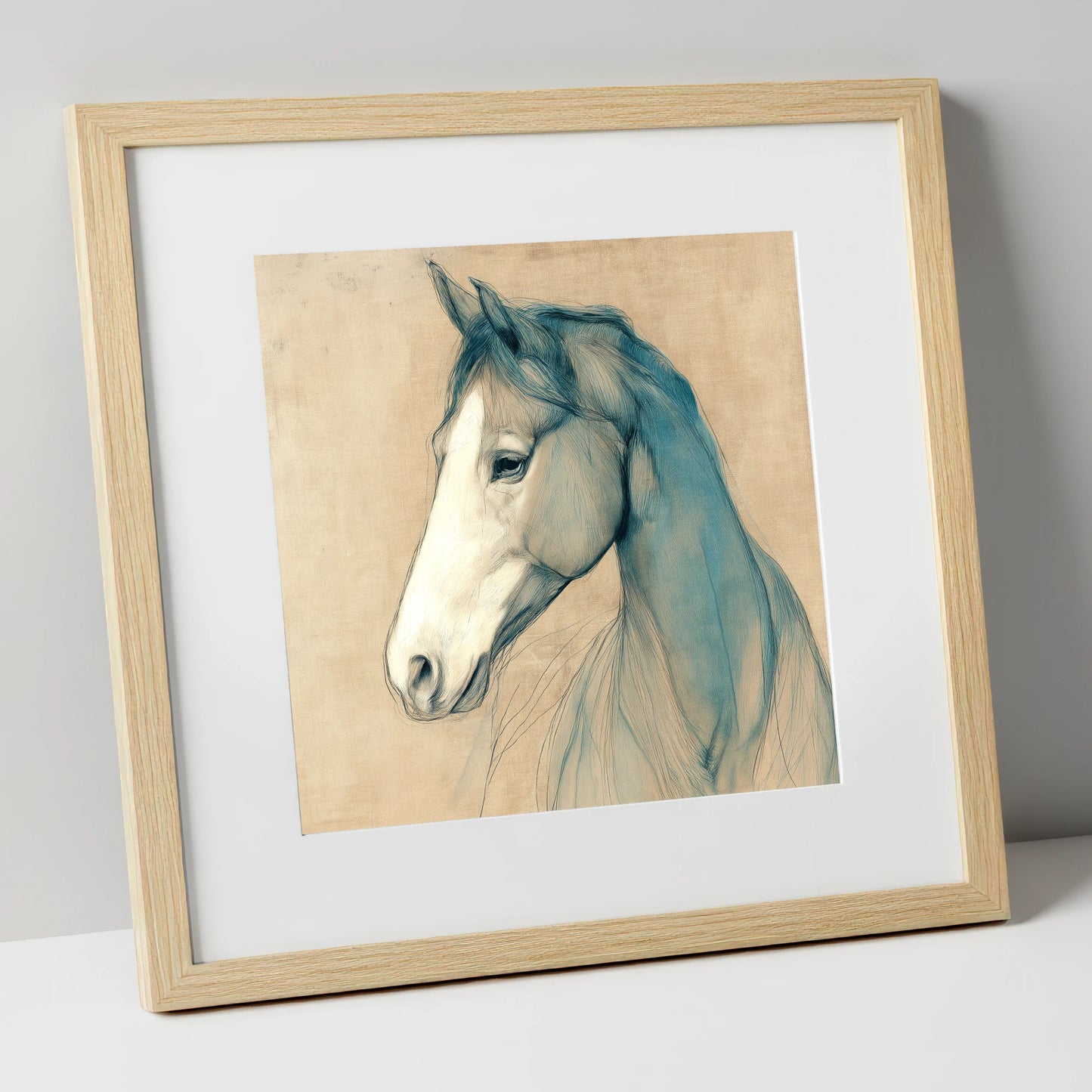 Teal Equine Study horse portrait art print in natural frame