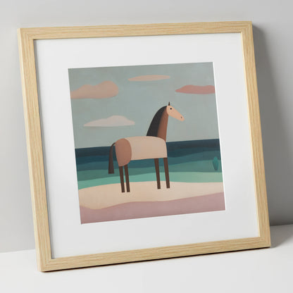 Tranquil Coastal Horizons horse landscape art print in natural frame