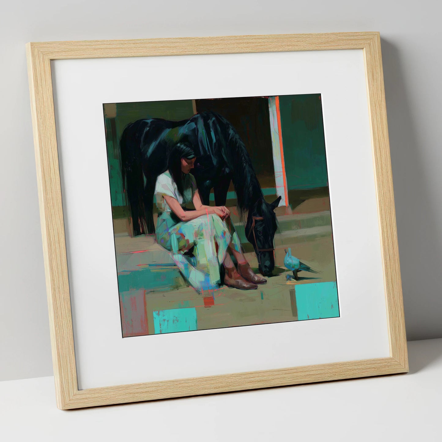 Stillness in the Yard horse & rider art print in natural frame