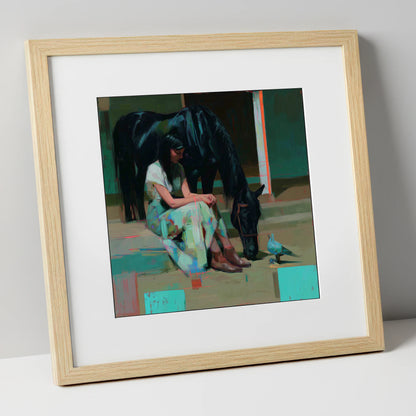 Stillness in the Yard horse & rider art print in natural frame