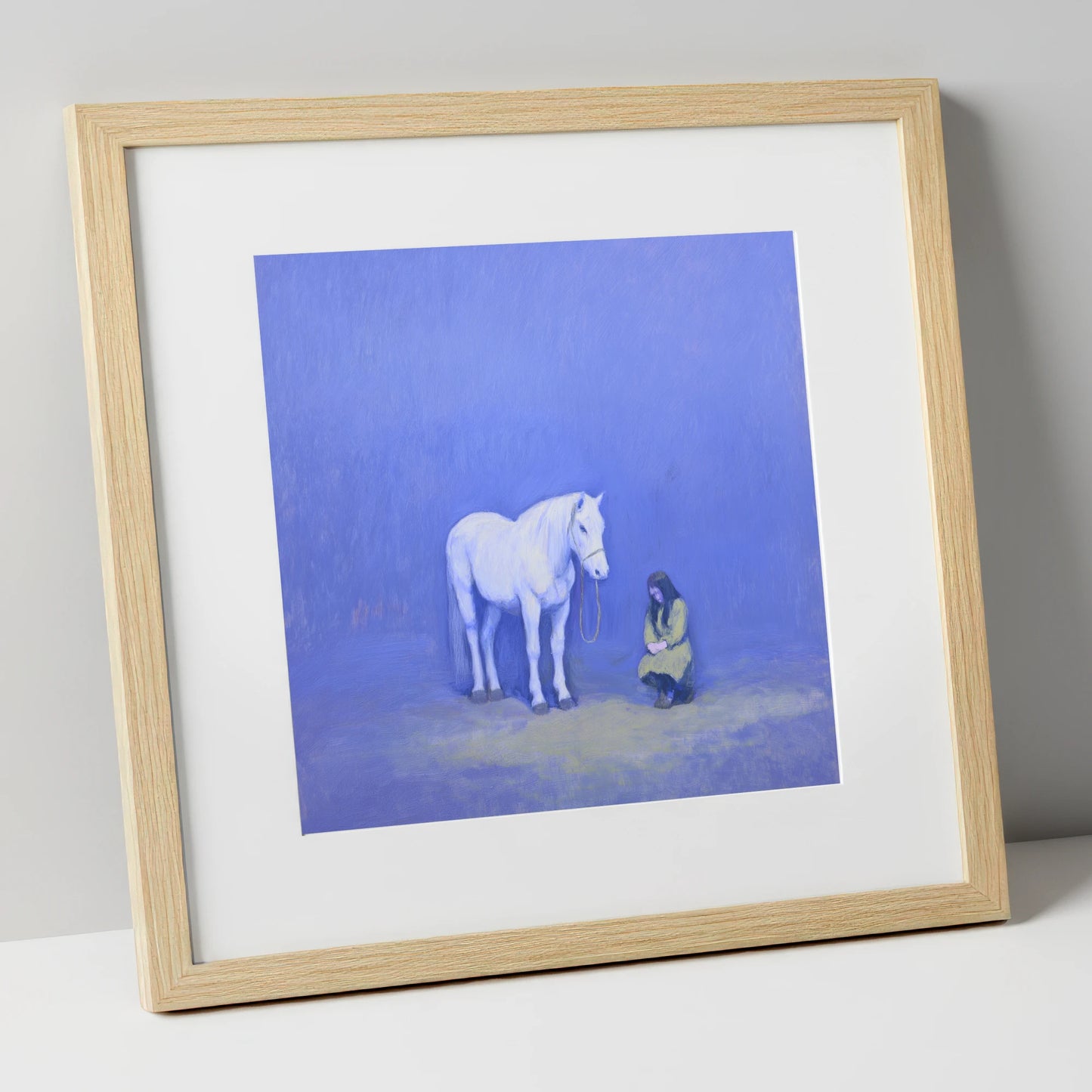Solace in Azure horse & rider art print in natural frame