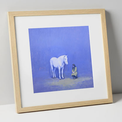 Solace in Azure horse & rider art print in natural frame