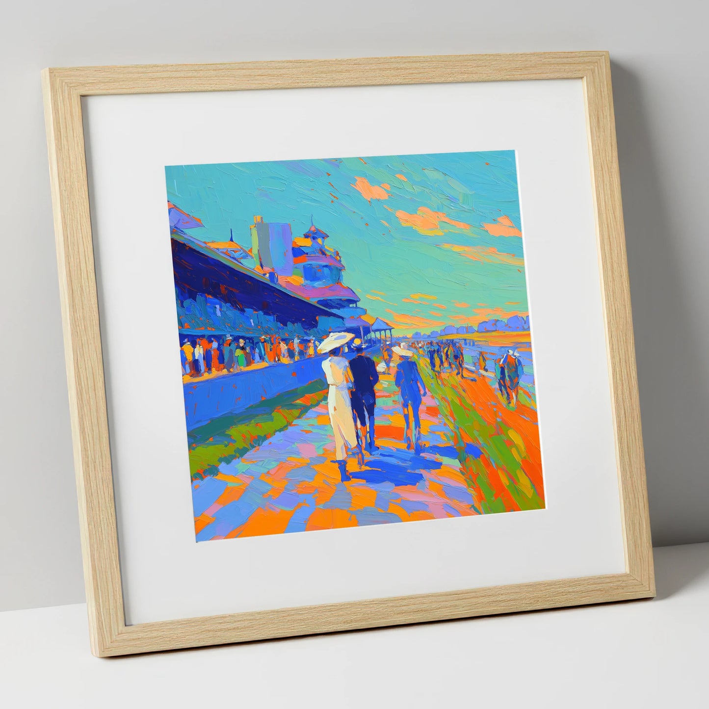 Vibrant Race Day Promenade racing horse art print in natural frame