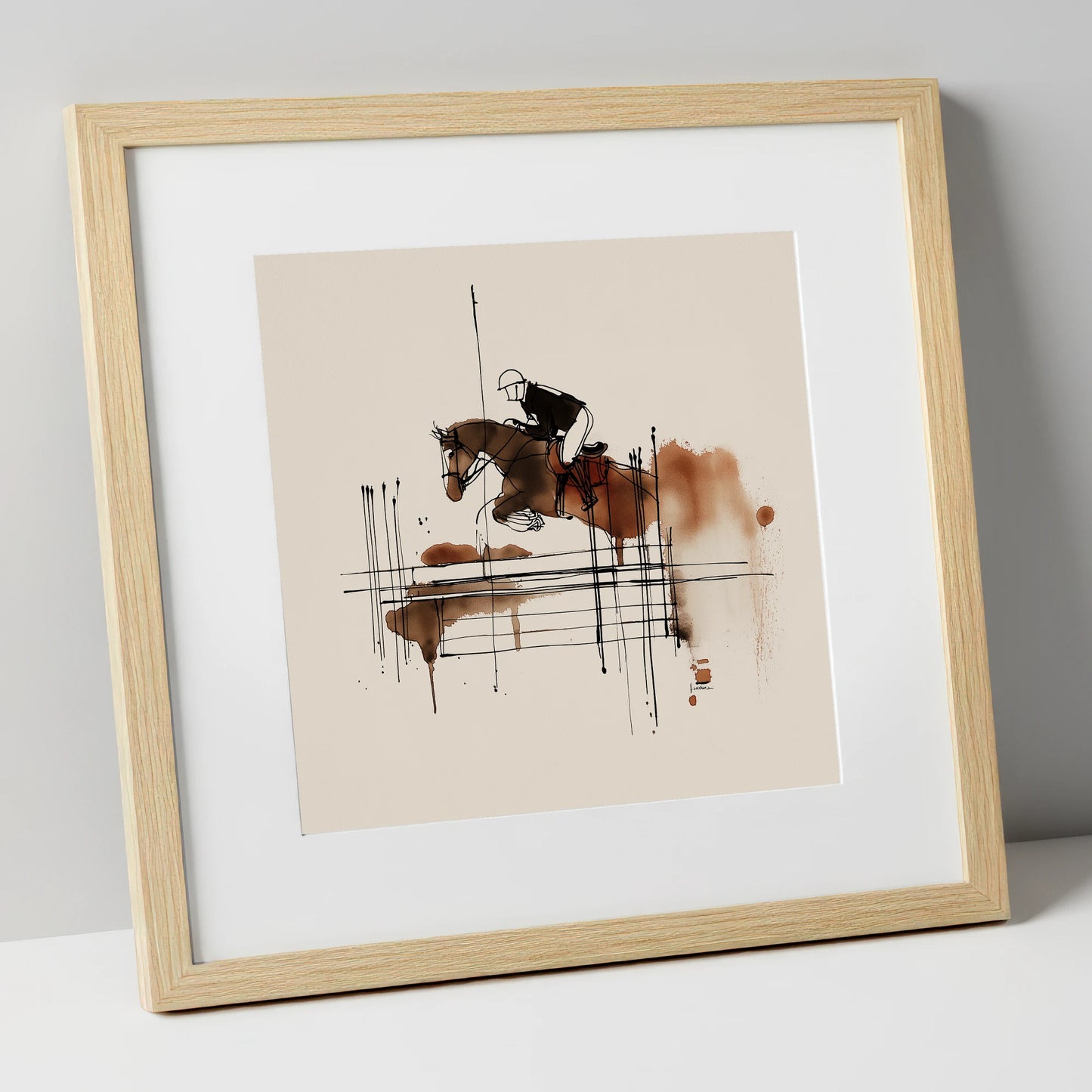 Fluidity in Flight show jumping horse art print in natural frame
