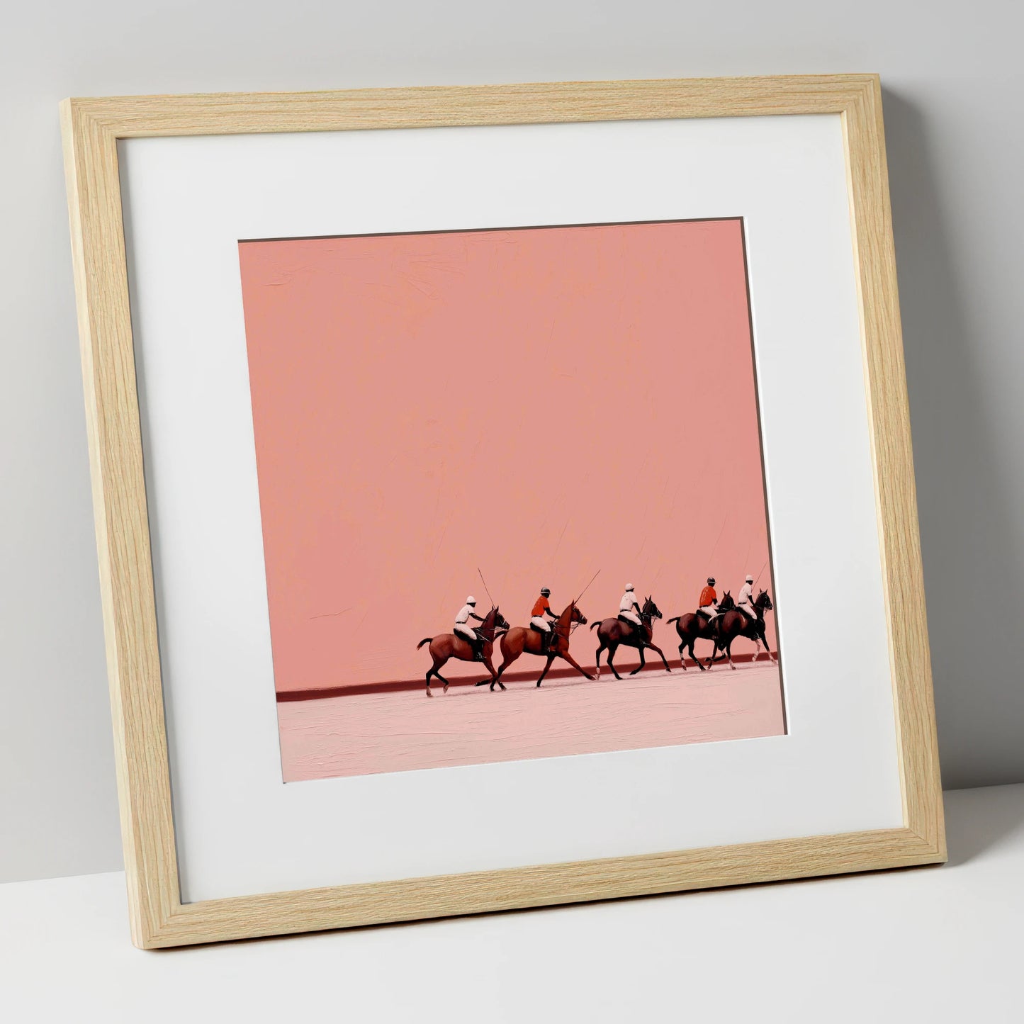 Dusty Rose Chukka polo horse art print in natural frame