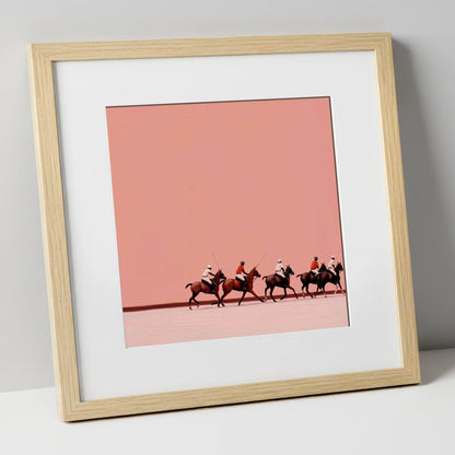 Dusty Rose Chukka polo horse art print in natural frame