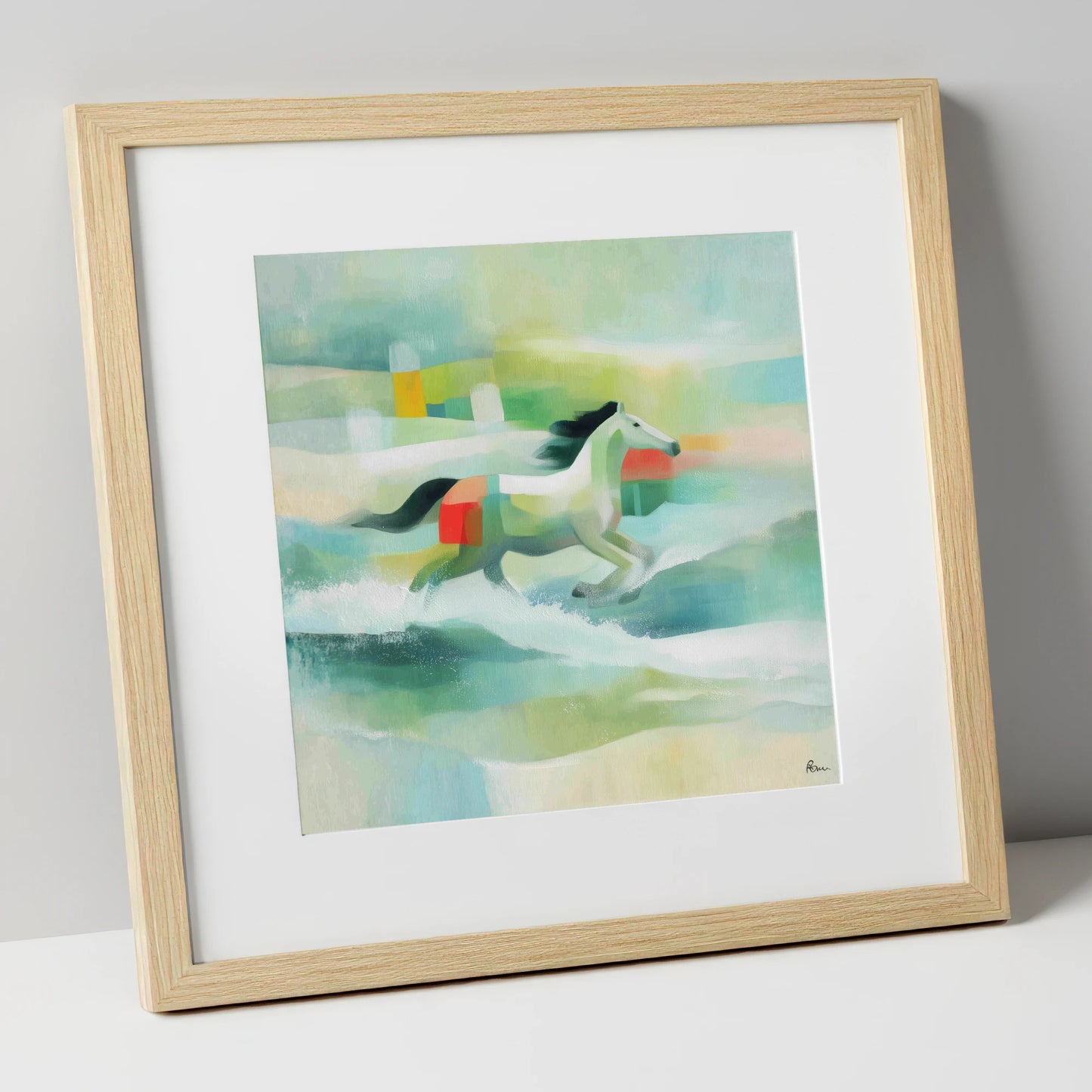 Modern Coastal Canter beach horse art print in natural frame