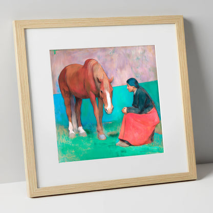 The Silent Dialogue horse & rider art print in natural frame