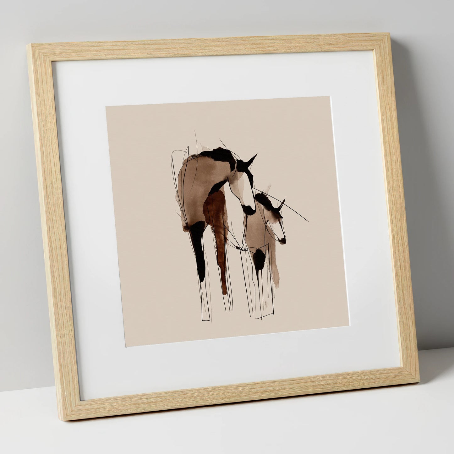 Tender Connection mare & foal art print in natural frame