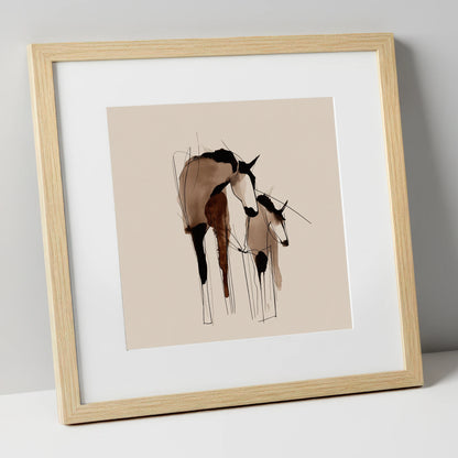 Tender Connection mare & foal art print in natural frame