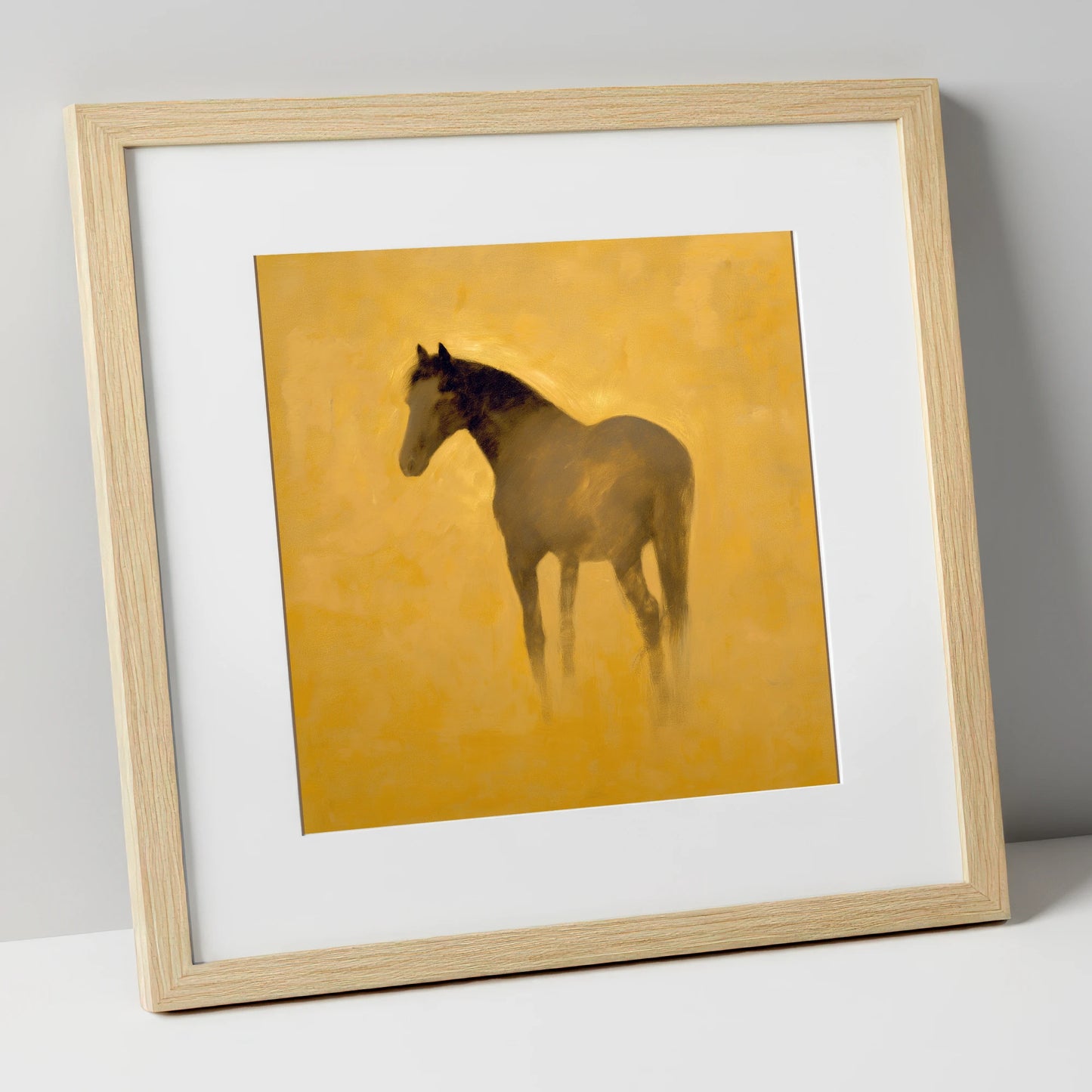 Golden Equine Silhouette horse portrait art print in natural frame