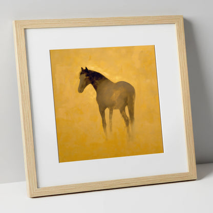 Golden Equine Silhouette horse portrait art print in natural frame