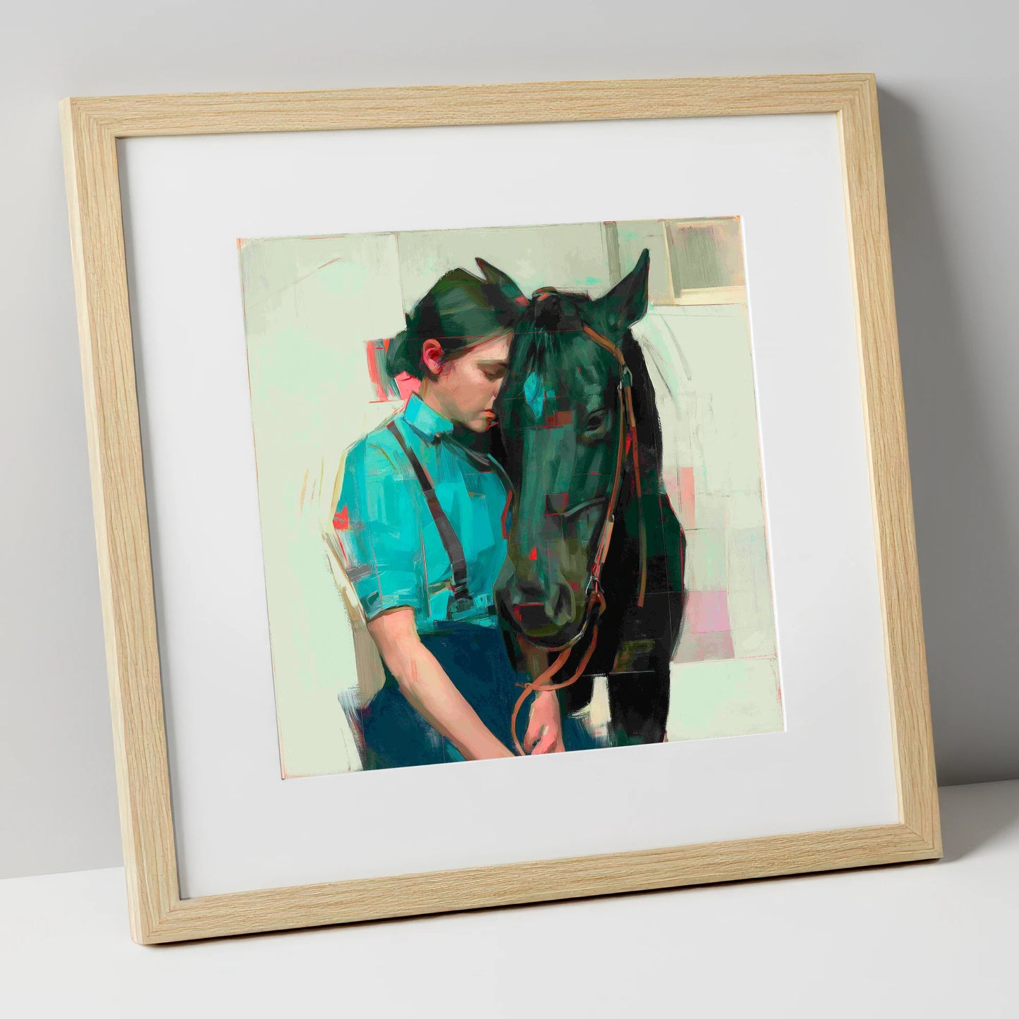 A Quiet Understanding horse & rider art print in natural frame