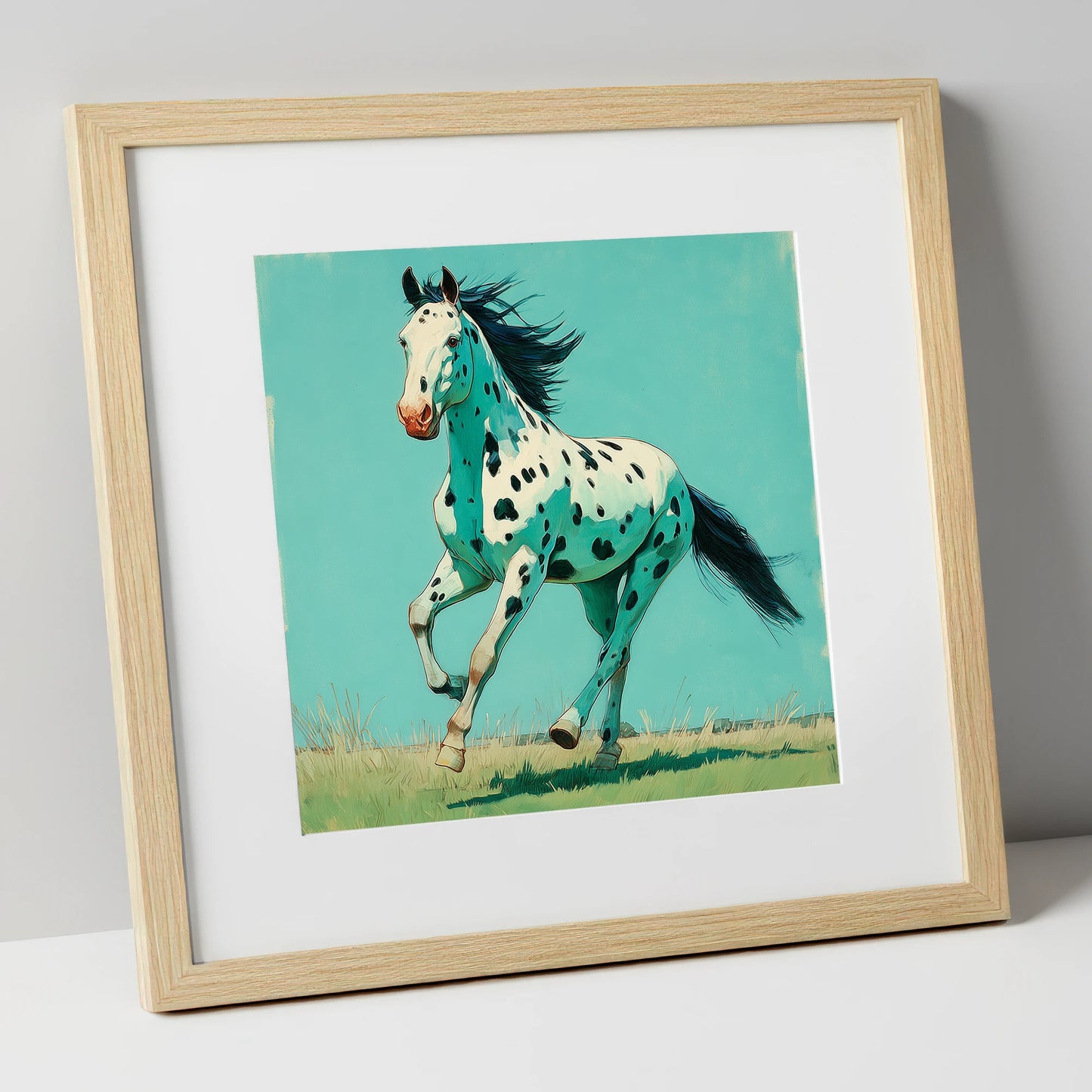 Teal Leopard Appaloosa horse breed art print in natural frame