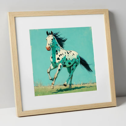 Teal Leopard Appaloosa horse breed art print in natural frame