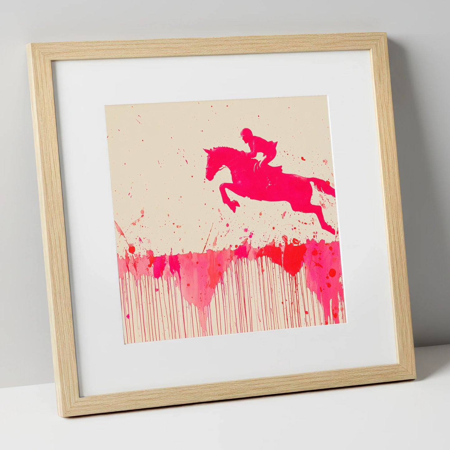 Magenta Flight show jumping horse art print in natural frame
