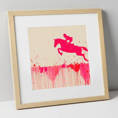 Magenta Flight show jumping horse art print in natural frame