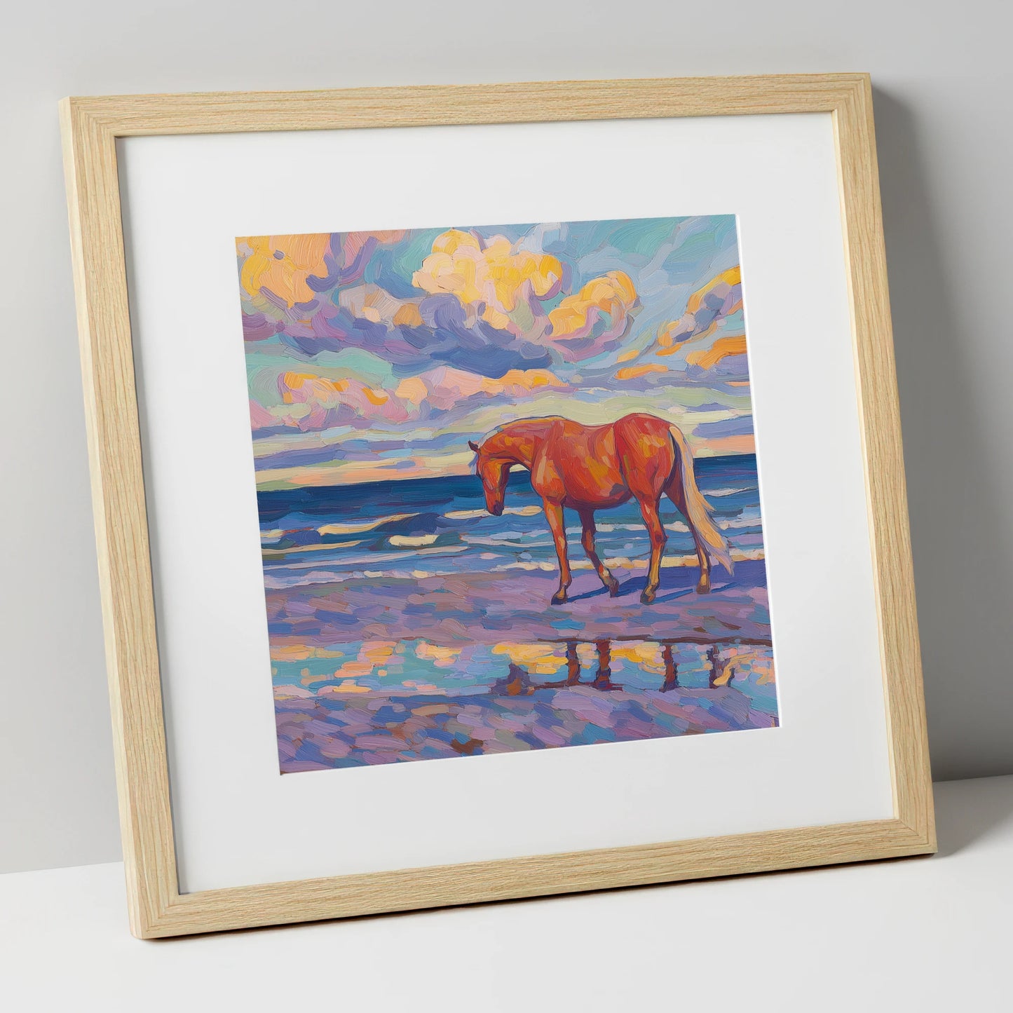 Vivid Coastal Solitude horse landscape art print in natural frame