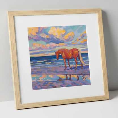 Vivid Coastal Solitude horse landscape art print in natural frame