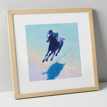 The Indigo Gallop polo horse art print in natural frame