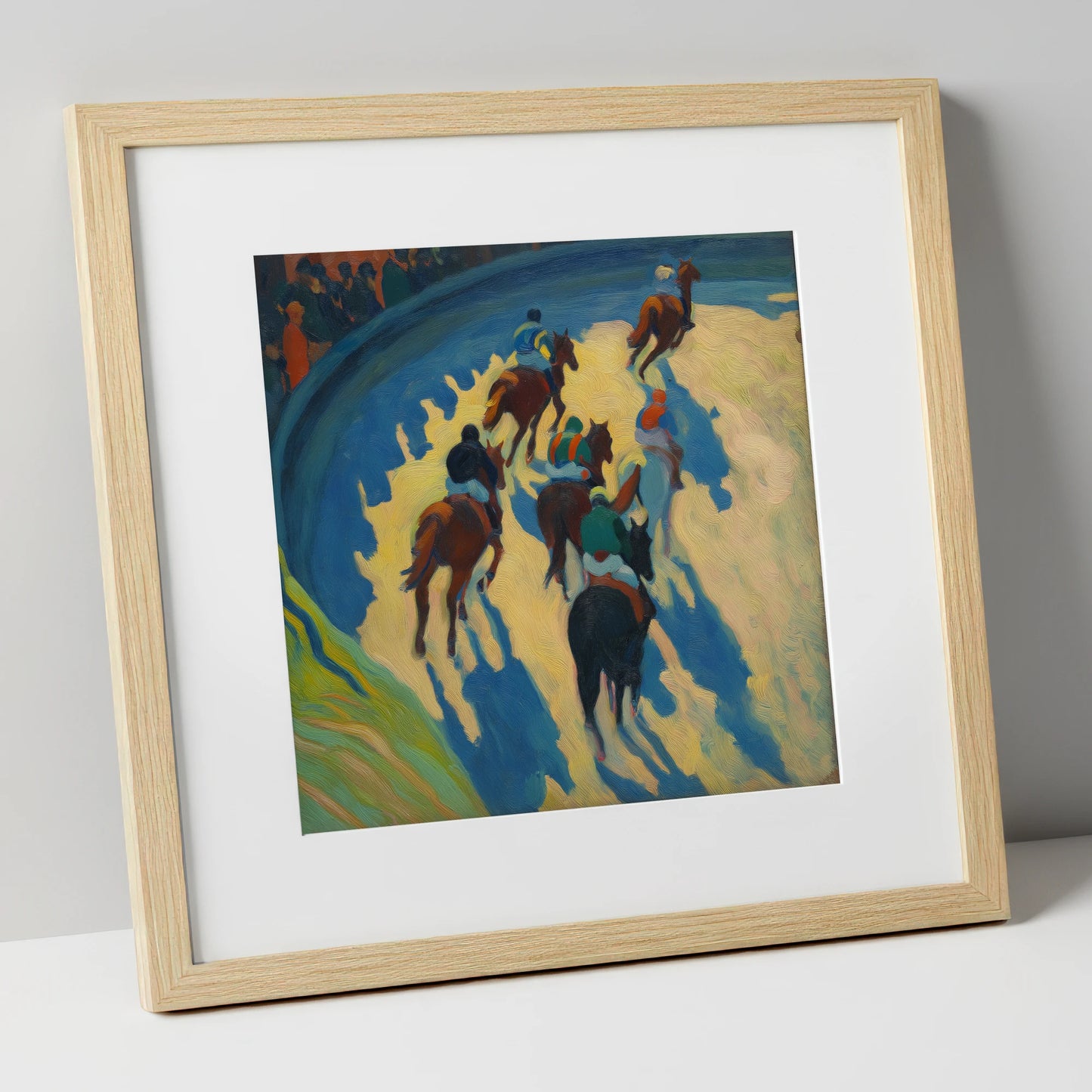 Shadows on the Bend racing horse art print in natural frame
