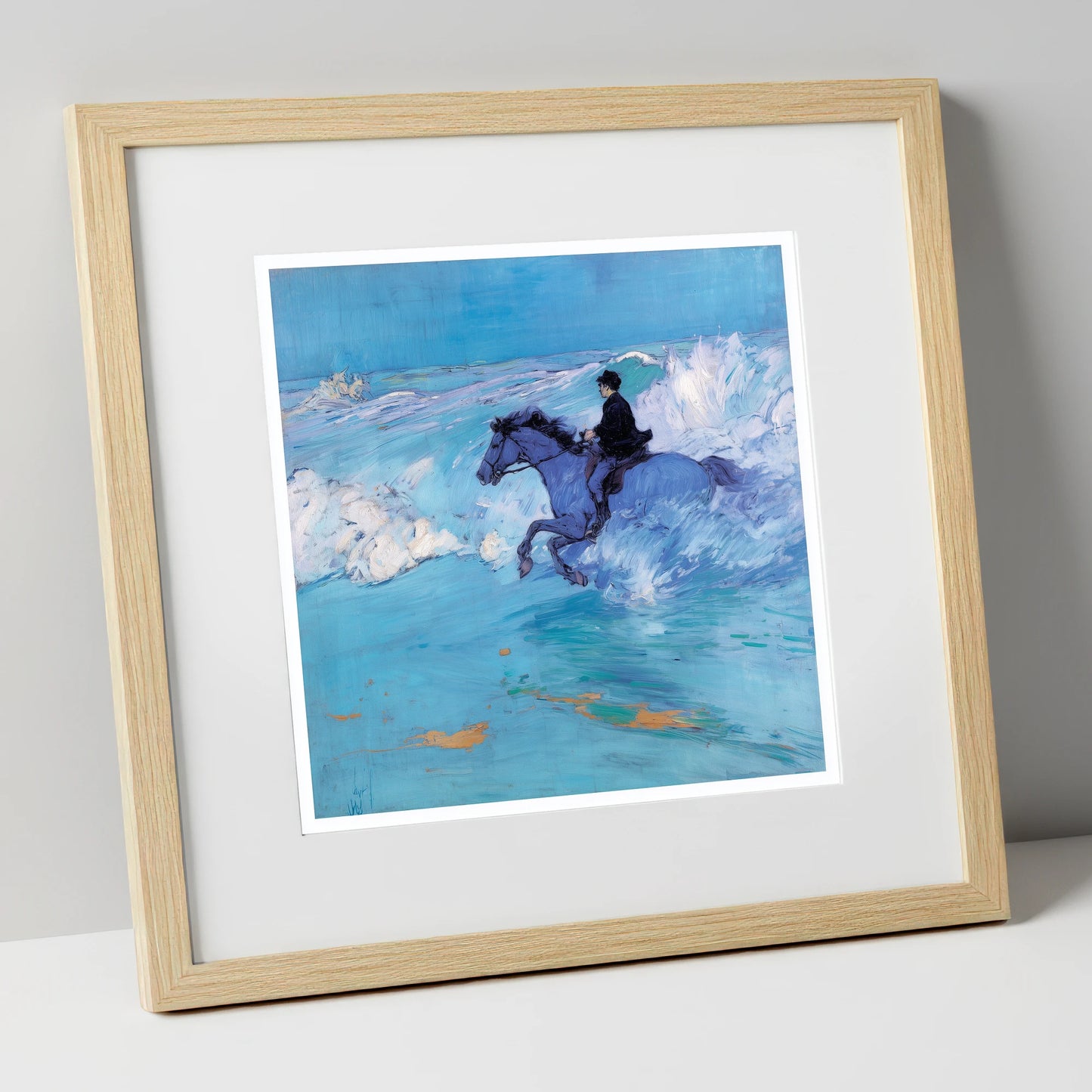 The Azure Tide beach horse art print in natural frame