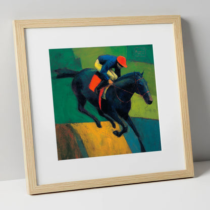 The Crimson Cap racing horse art print in natural frame