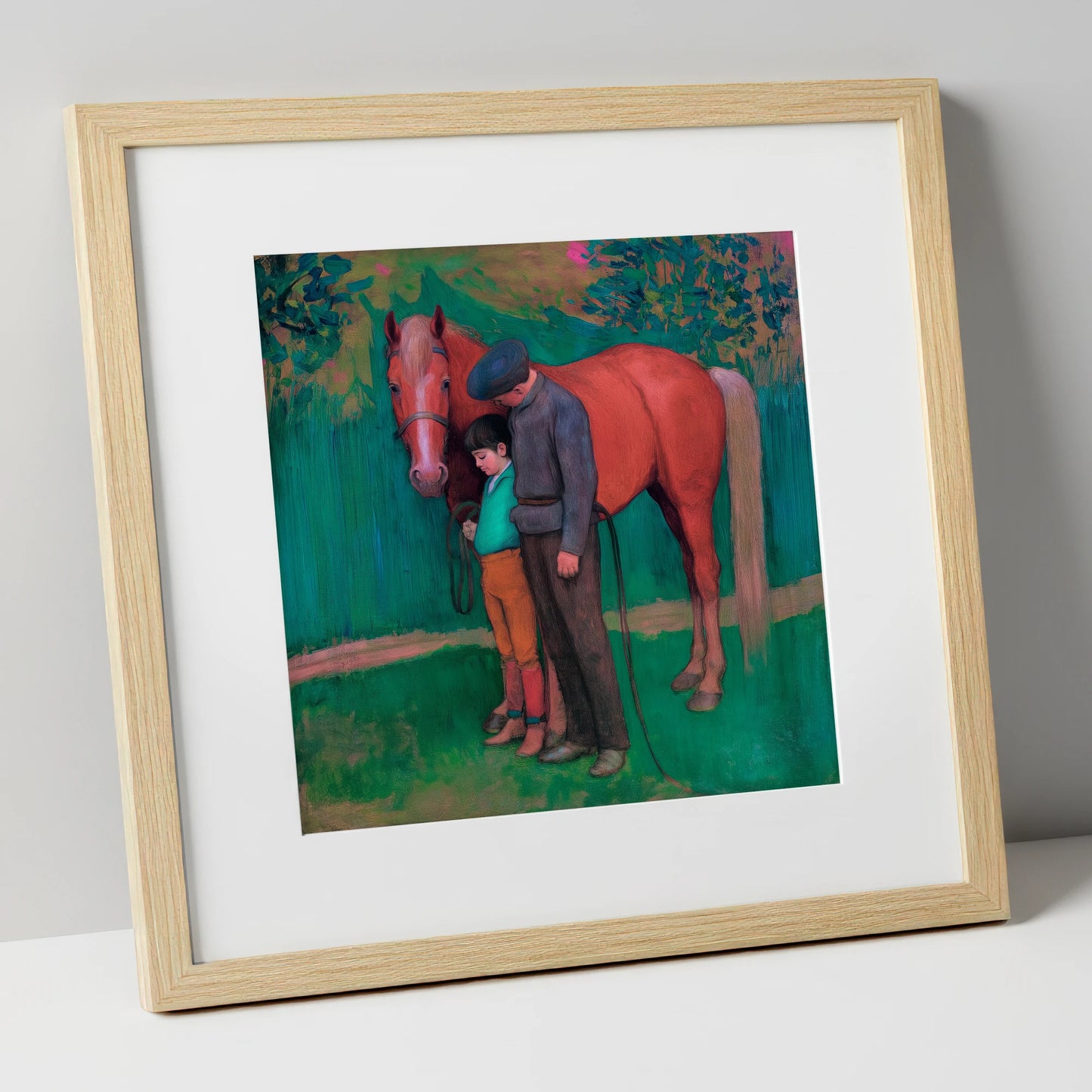 A Quiet Connection horse & rider art print in natural frame
